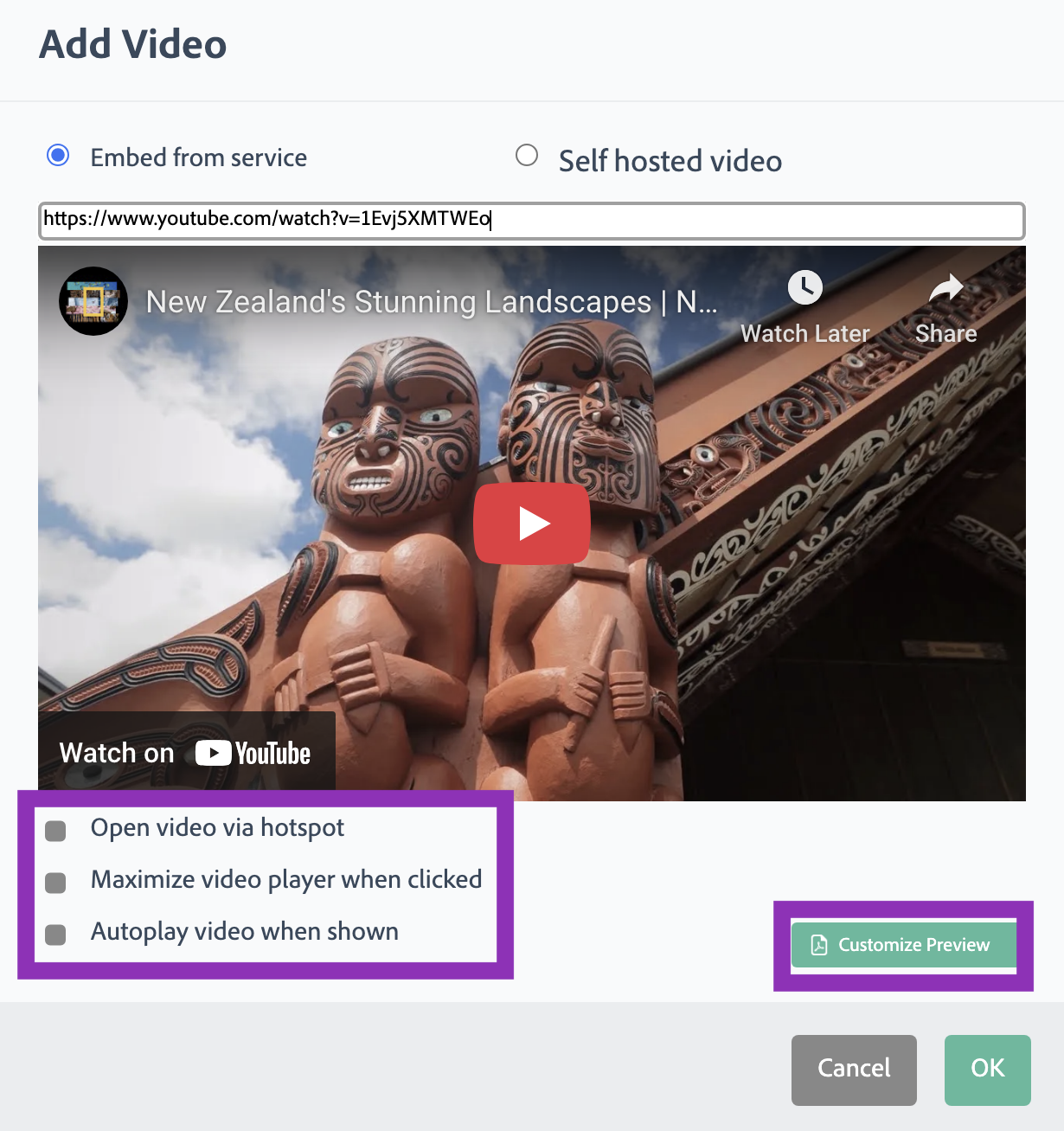 Adjust video size and playback settings and preview in an interactive PDF flipbook