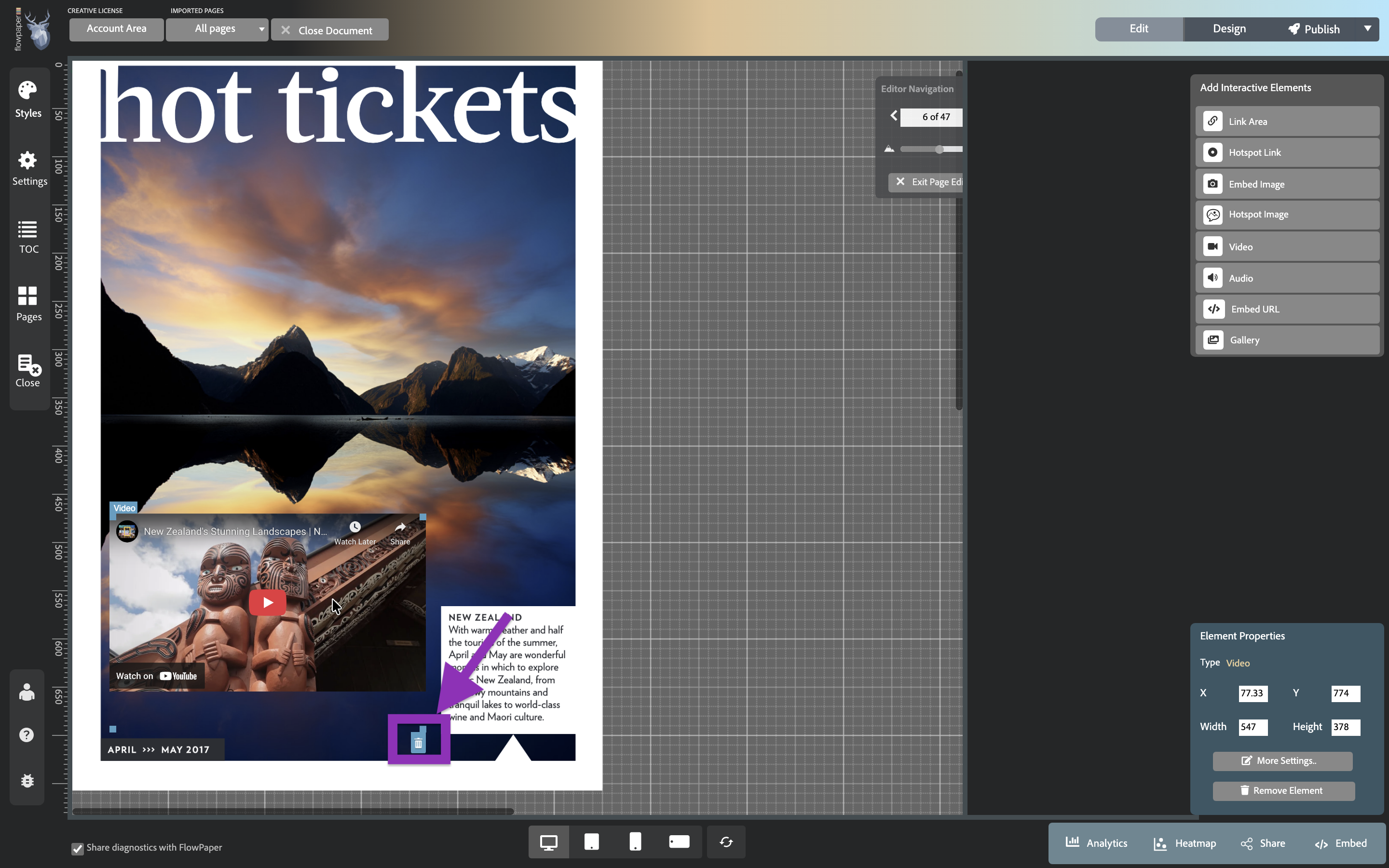 Remove a video element from a PDF flipbook page in FlowPaper