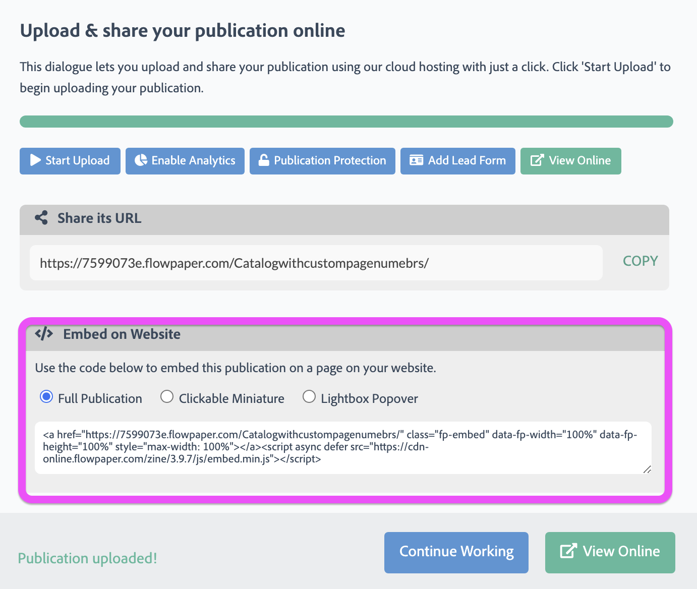 Copy the iframe embed code to add a PDF flipbook to a WordPress page or post
