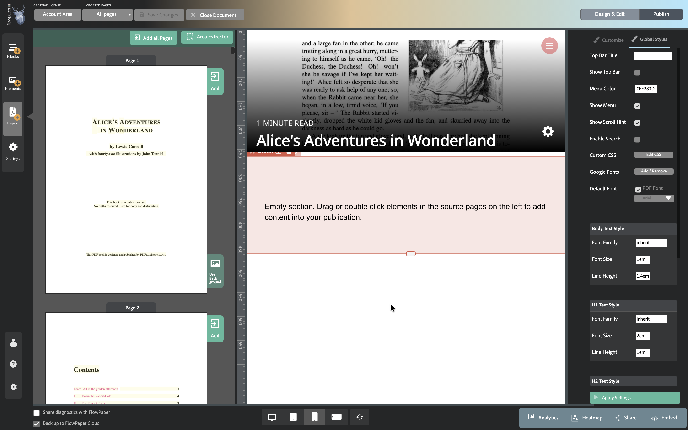 Reflowable EPUB workspace with PDF source and editable content in FlowPaper