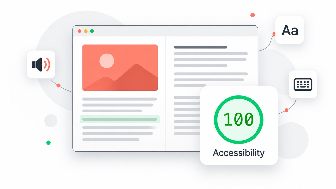 Illustration of a digital publication with audio, typography and keyboard symbols beside an accessibility score of 100