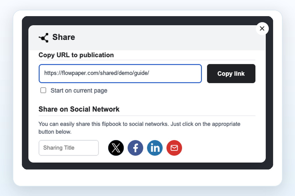 FlowPaper ZINE share dialogue with a copy-ready link, current-page option and social sharing buttons